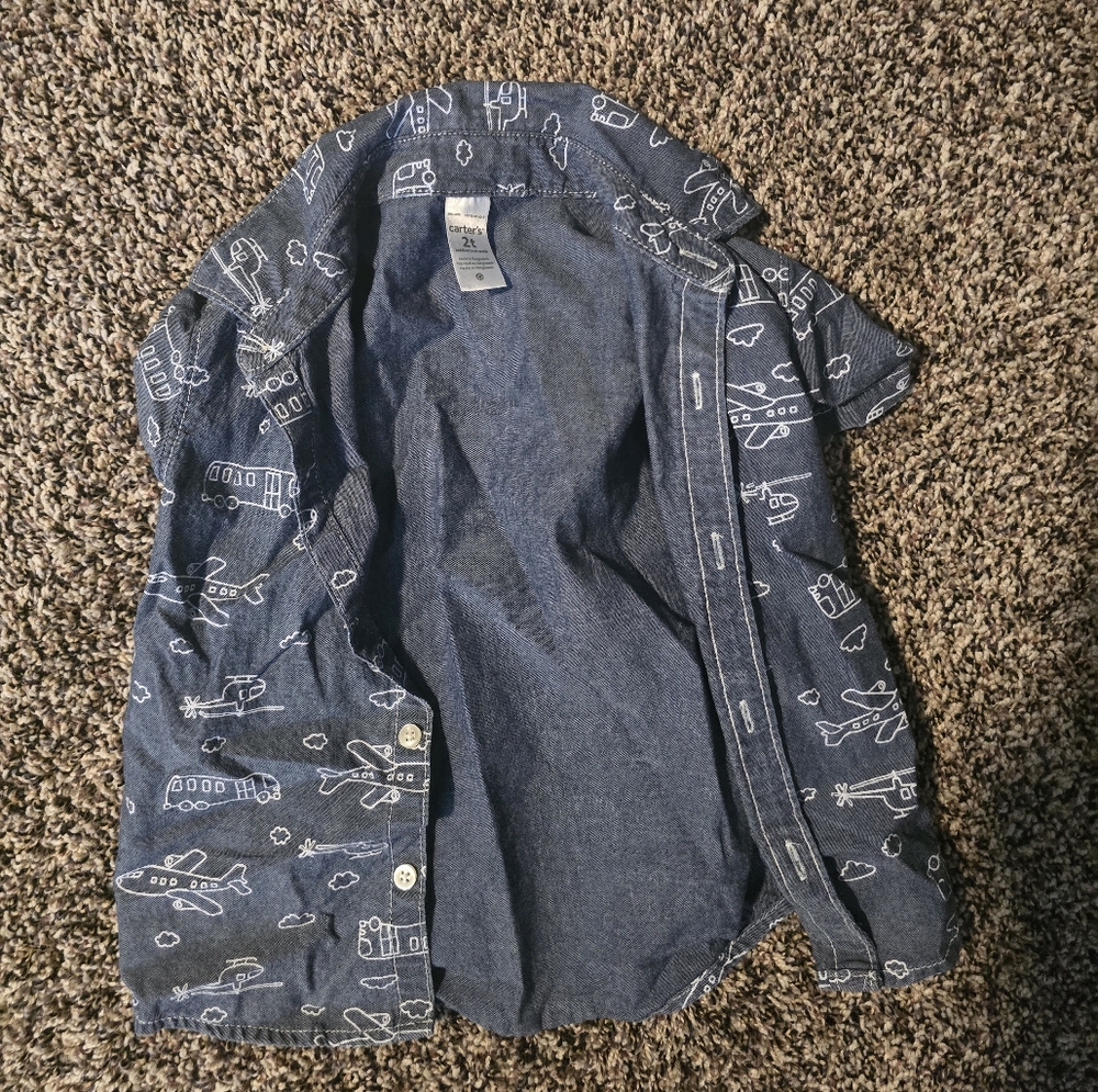 Carter's Blue Button Down Shirt with White Airplane Print